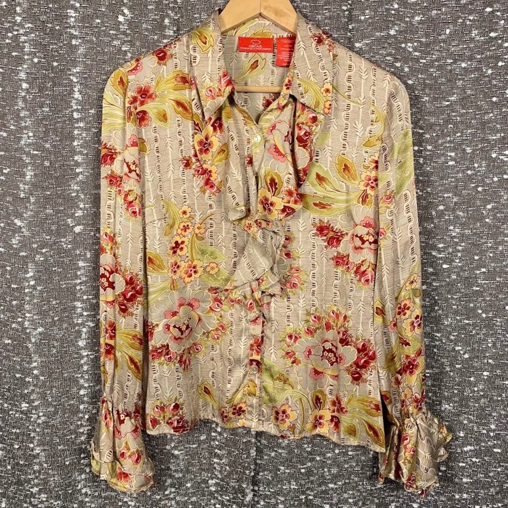 Oscar de la Renta Silk Floral Print Blouse Ruffle Button Up Coquette Women's 10